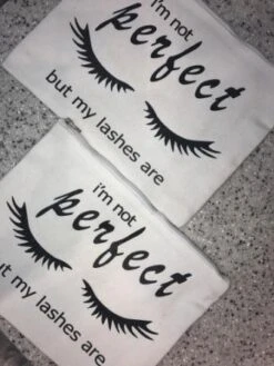 I BEAUTY Im Not Perfect But My Lashes Are- White Bag Black Text, Black Glitter Lashes 10.5 In X 8 In