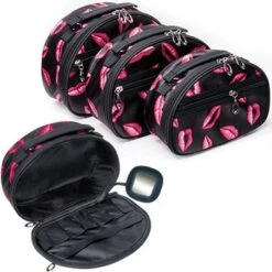 KINGSLEY 3 PIECE COSMETIC BAG SET W/LIP PRINT
